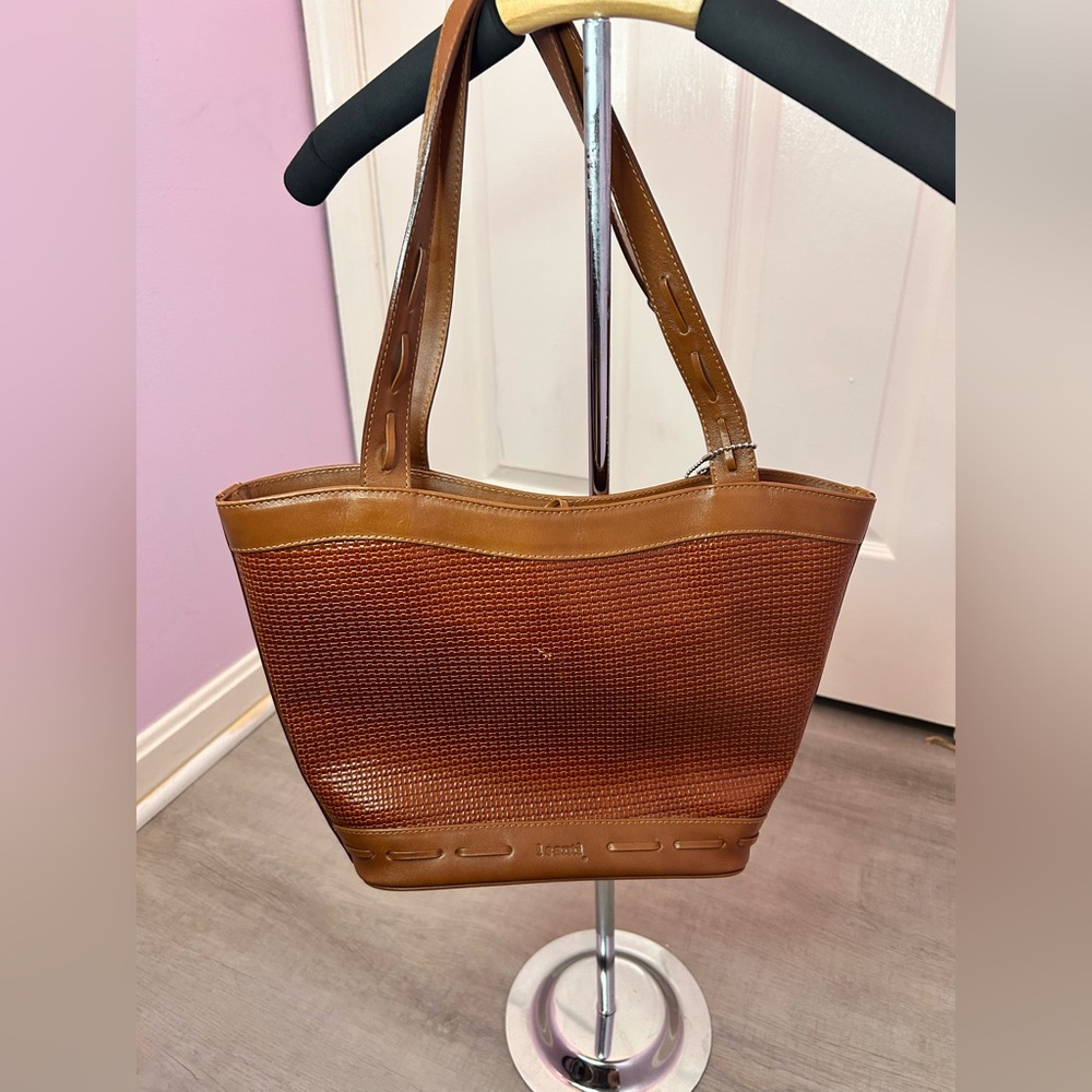 i Santi Cognac Italian Leather Tote with Textured Finish and Long Handles